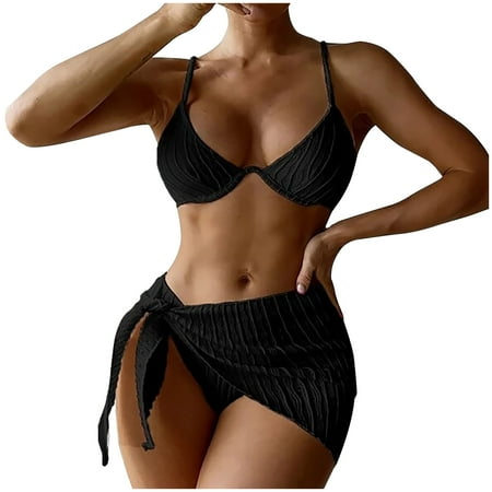 Fesfesfes Women Bikini Set Solid Color High Waist Thong Bottom Swimwear Sexy Scoop Neck Bathingsuit with Beach Towel Beachwear Bikini Set Gifts for Her Sale