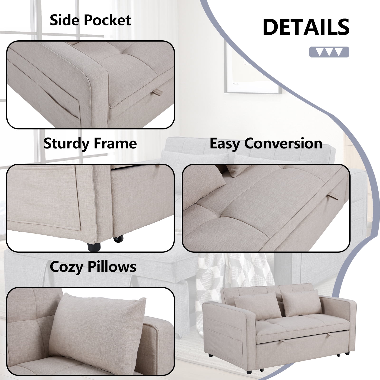 Bonzy Home Pull Out Bed Futon Couch with Reclining Backrest and Side Pocket, Modern Loveseat for Living Room Beige