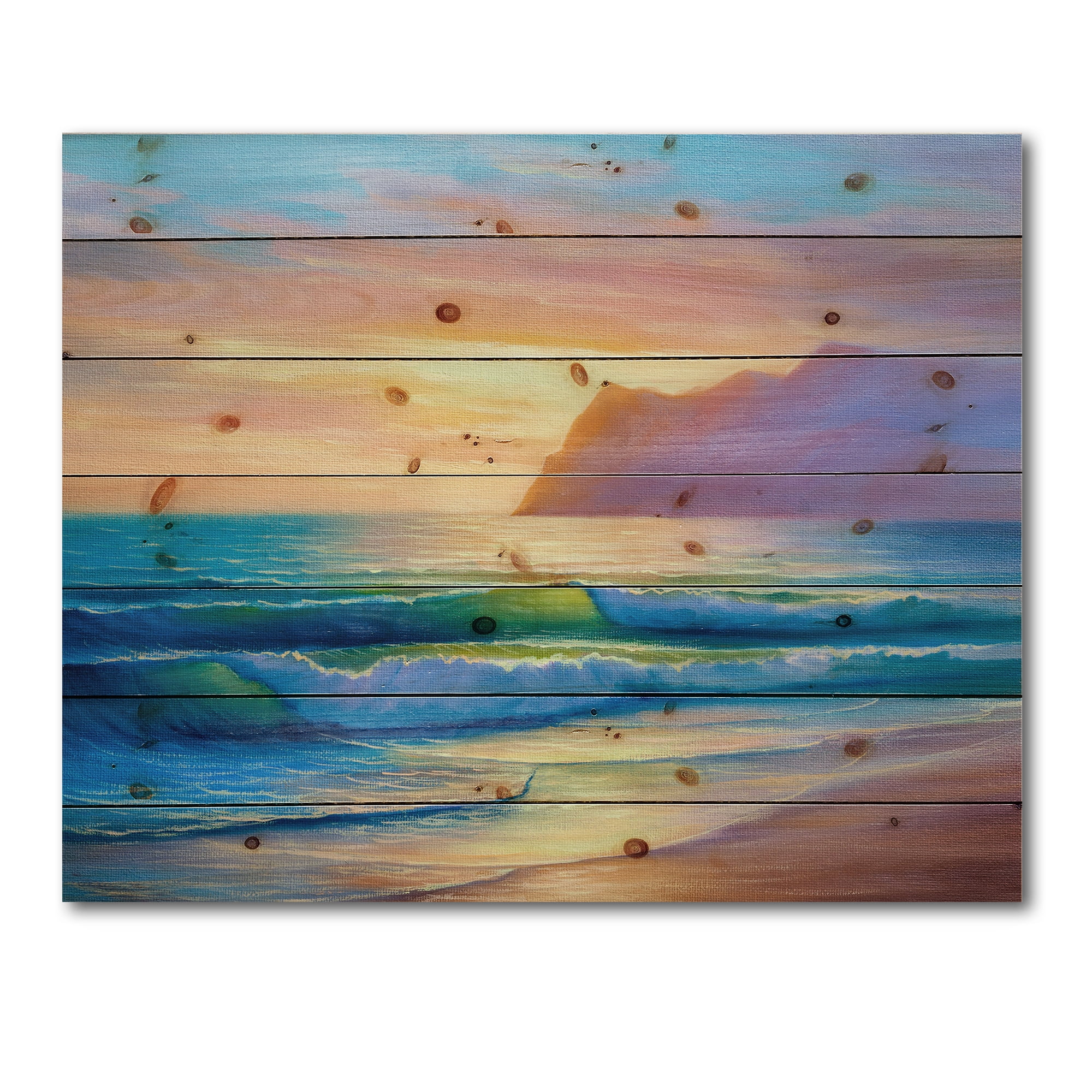 Designart 'Sunrise Glow On The Sea Waves IV' Nautical & Coastal Print on Natural Pine Wood