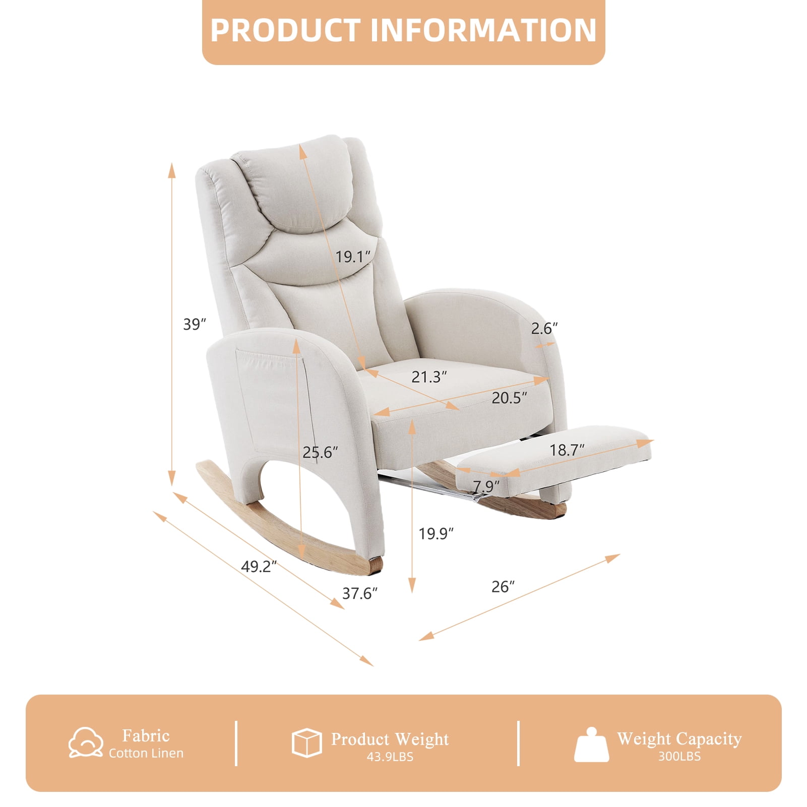 ALAKFORM Rocking Chair Nursery with Foot Rest,Cotton Linen Glider Rocker with Wood Legs, Nursing Rocking Chair Indoor for Living Room/Nursery,Beige