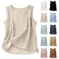 thumbnail image 4 of Women Cotton Linen Crew Neck Sleeveless Tank Top Solid Pocket Loose Casual Blouse 01-Beige XL, 4 of 4