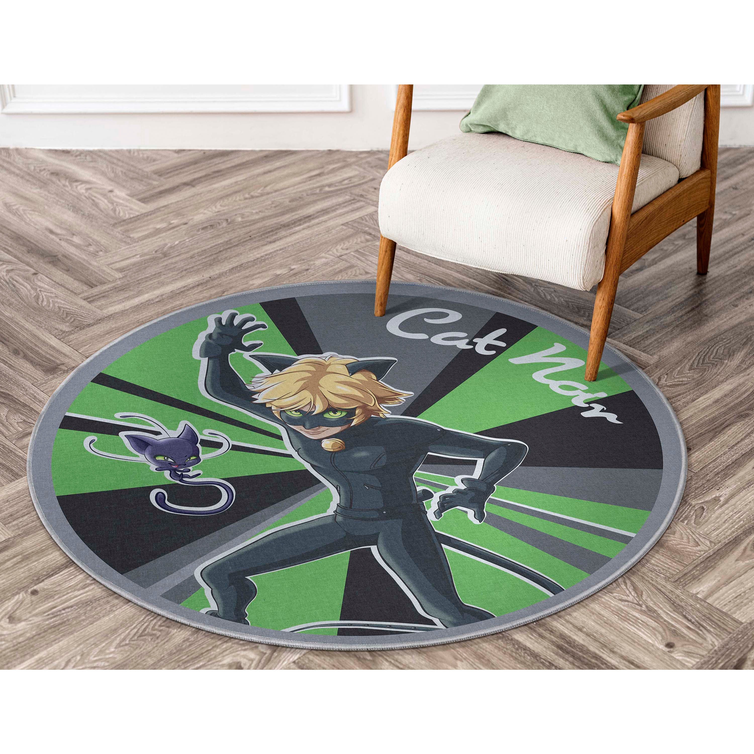 Well Woven Miraculous Ladybug Cat Noir Green 6'7" Round Rug