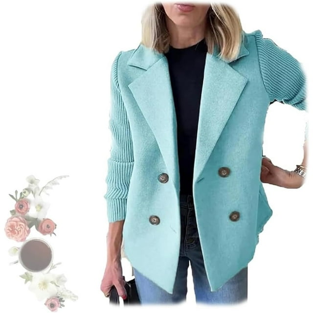 Manteau Décontracté à Manches Courtes en Patchwork Tricoté avec Boutons et Revers pour Femmes, Blazer à Double Boutonnage en Patchwork pour Femmes