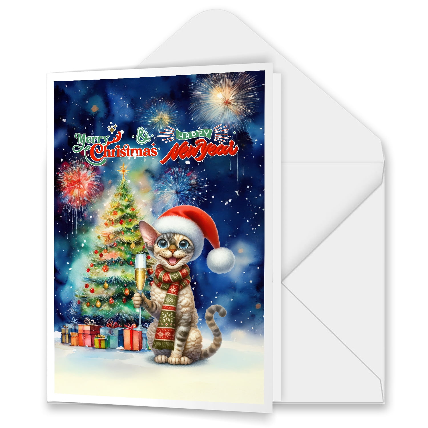 Merry Christmas and Happy New Year Santa Devon Rex Holiday Xmas Winter 5x7in Folded Greeting Card Cat Lover Kitten Owner Gifts Single Note Card with Envelope - 00024