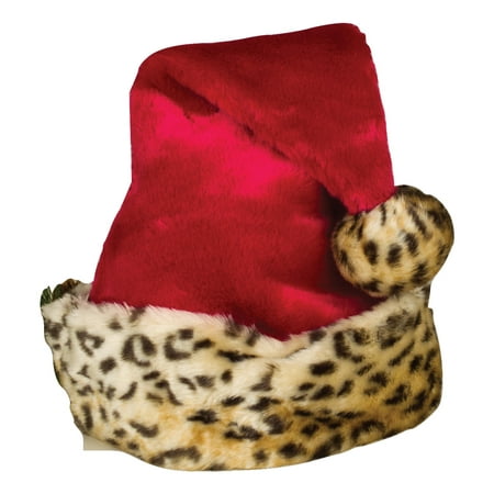 Faux Fur Santa Hat With Cheetah Leopard Print Trim One Size Adult Or