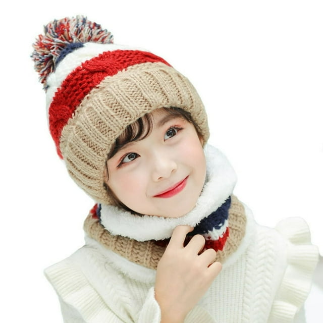 MesaSe 2 Pcs/Set Kids Winter Hat Scarf Set Plush Knitting No Brim Fur Ball Decoration Contrasting Color Cold-proof Thick Neck Protection Baby Bonnet Scarf Set for Daily Wear
