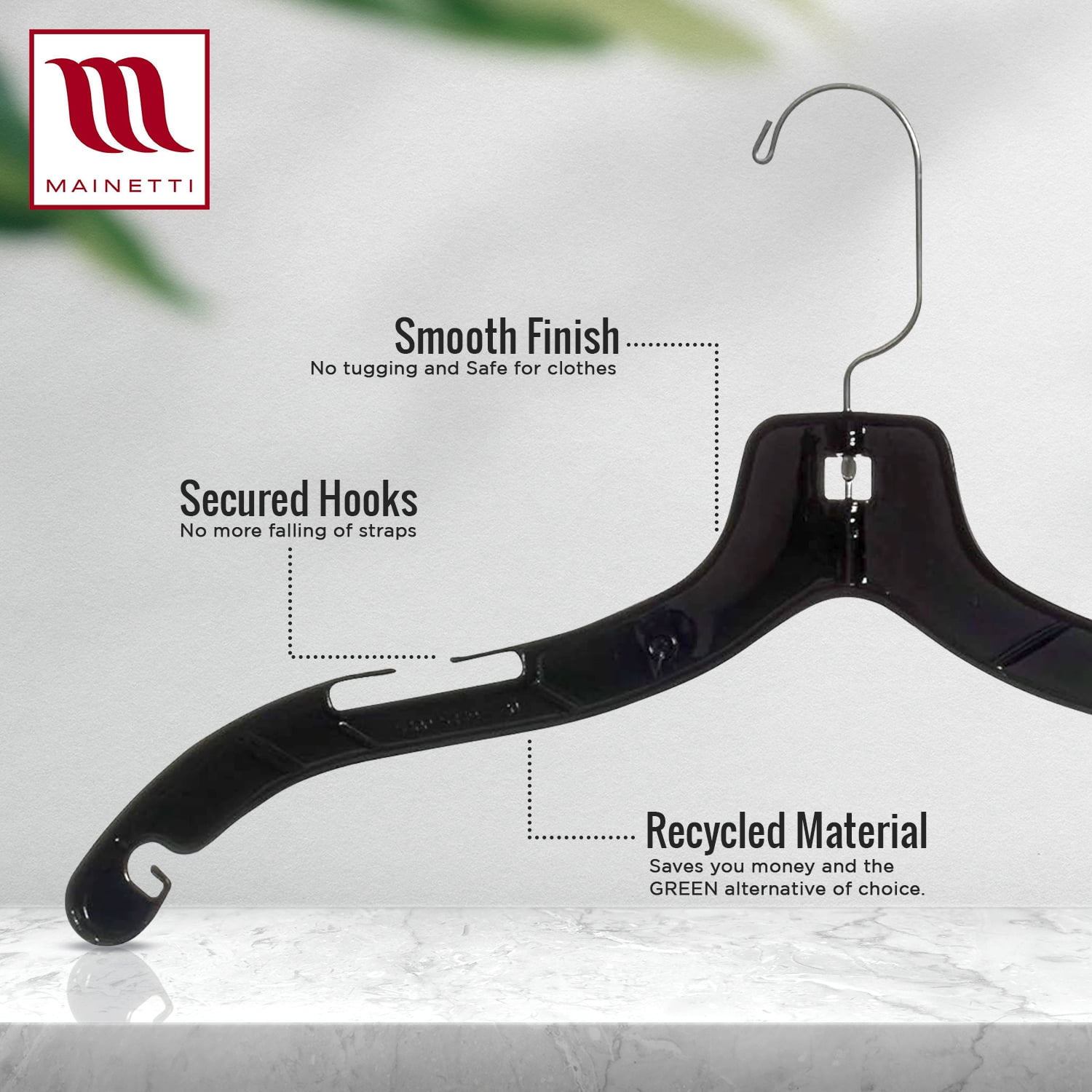 Mainetti 5400 Black Plastic Hangers With 360 Swivel Metal Hook And Notches For Straps, Great For Shirts/Tops/Dresses/Jackets, 17-Inch (Value Pack Of 100)