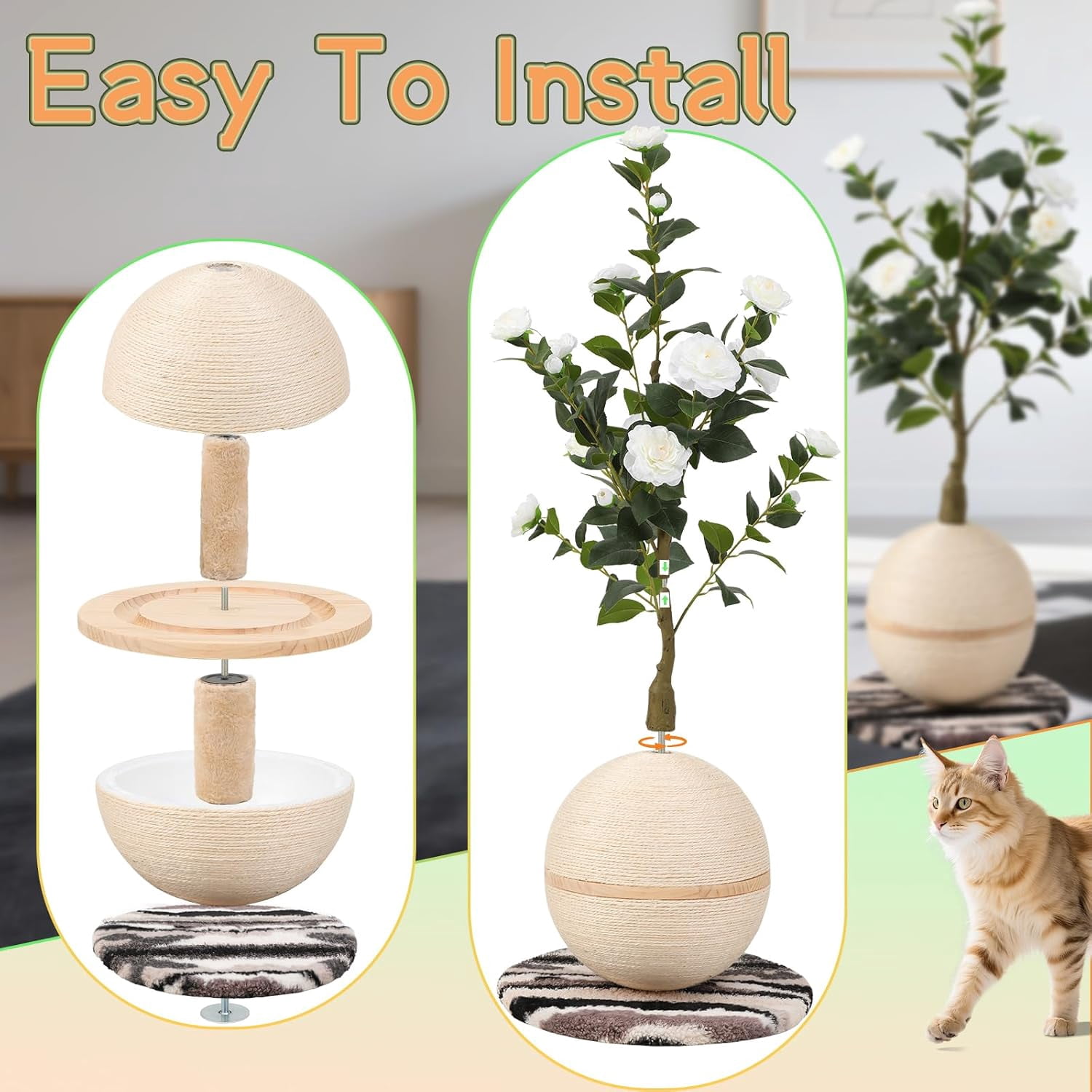 Scratching Post with Artificial Camellia Tree and Sisal Rope Ball, Modern Flower Decor for Indoor Cats