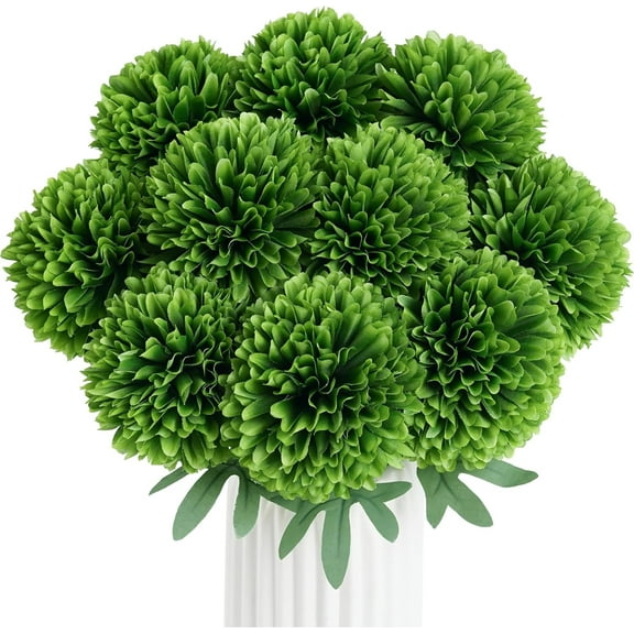 Large Artificial Chrysanthemums Flowers Ball Flowers,10pcs Faux Silk Flowers Bouquet with Floral Stems,Greenery for St Patricks Day Wedding Home Decor Indoor Table Centerpieces (Green)