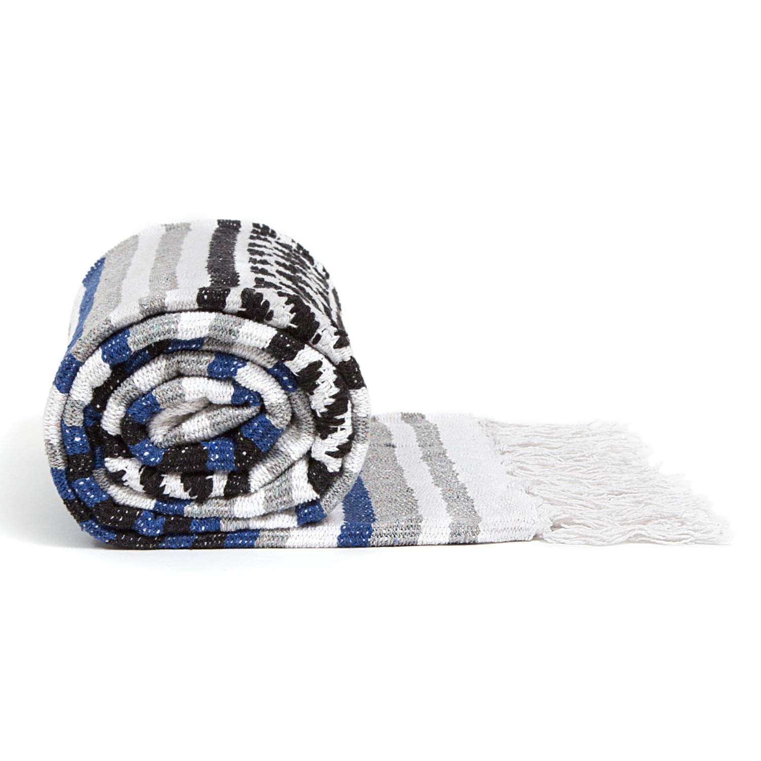 Americanflat Authentic Mexican Yoga Blanket - Soft Woven Cotton and Polyester Falsa Blanket in Blue Striped