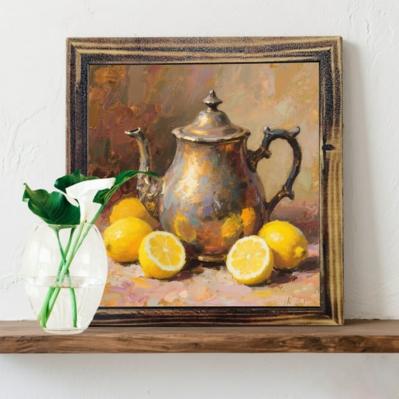 1pc Boho Style Wooden Lemon Art Sign - 8x8 Inch Polished Finish Lemon & Teapot Still Life Painting, Rustic Fruit Theme Decorative Plaque for Home Kitchen Office Wall or Tabletop Decor, No Electricity