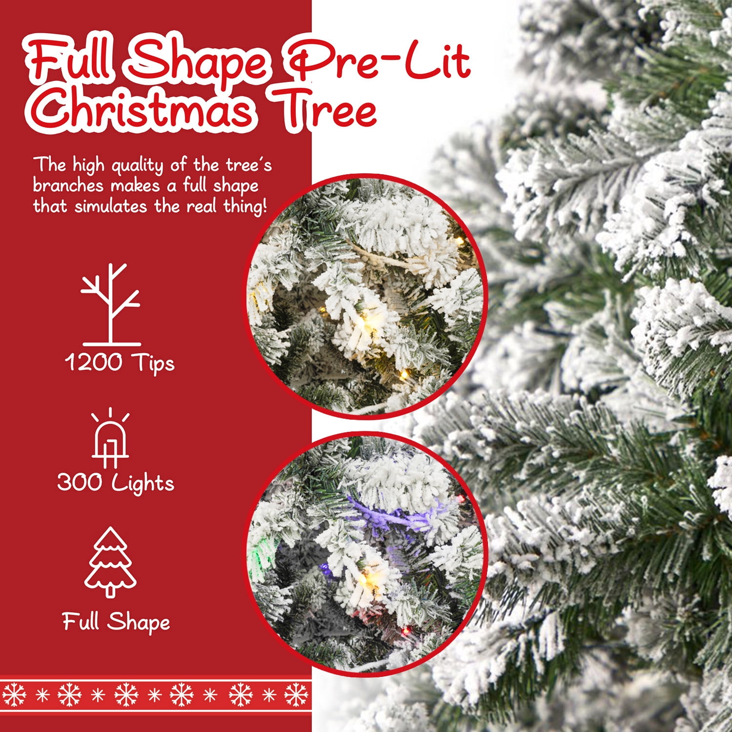 iFanze 7ft XMAS Pre-Lit Snow Flocked Pine Tree with 300 LED