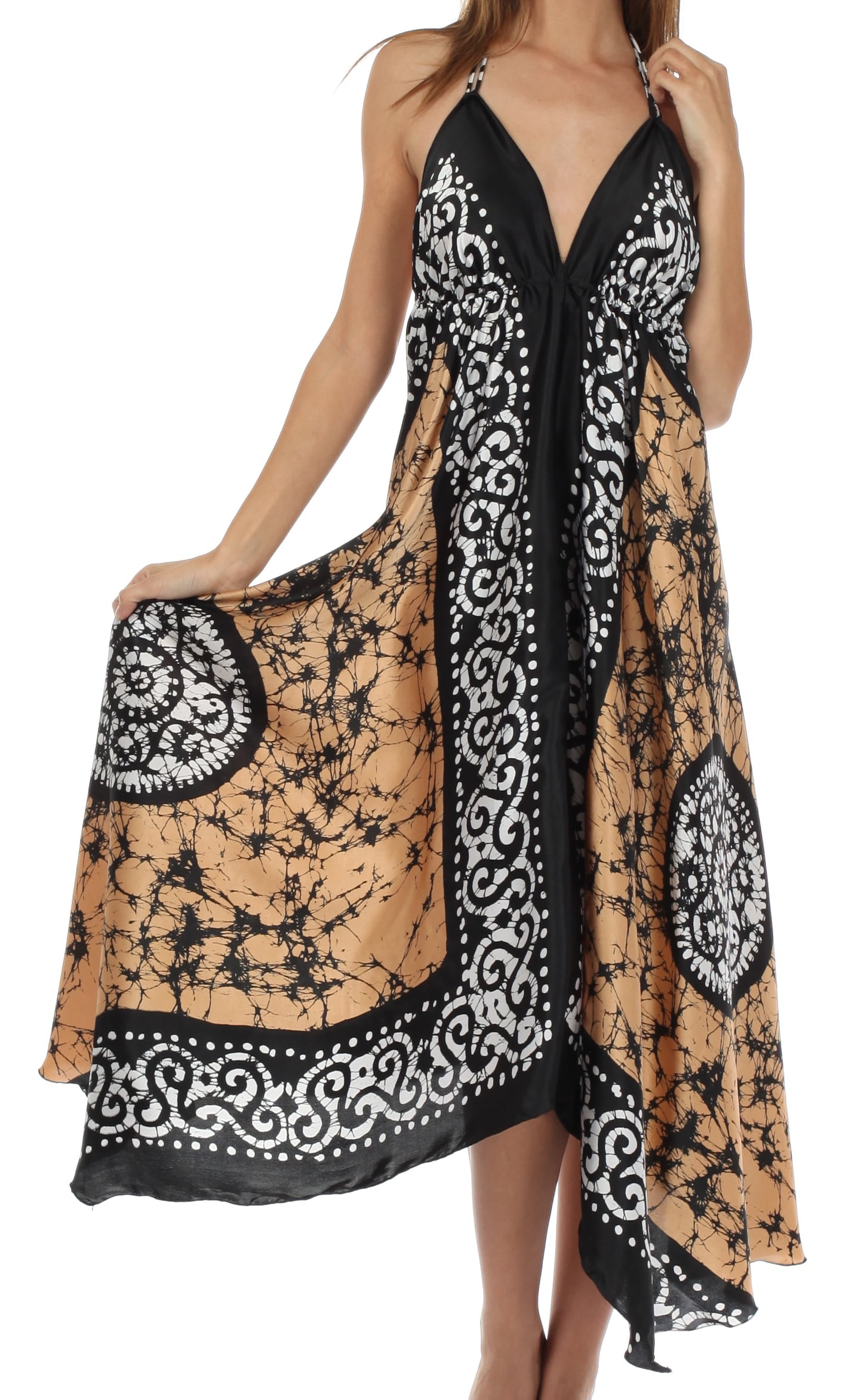 Sakkas Silky V-Neck Halter Handkerchief Hem Maxi Dress - Beige - One ...