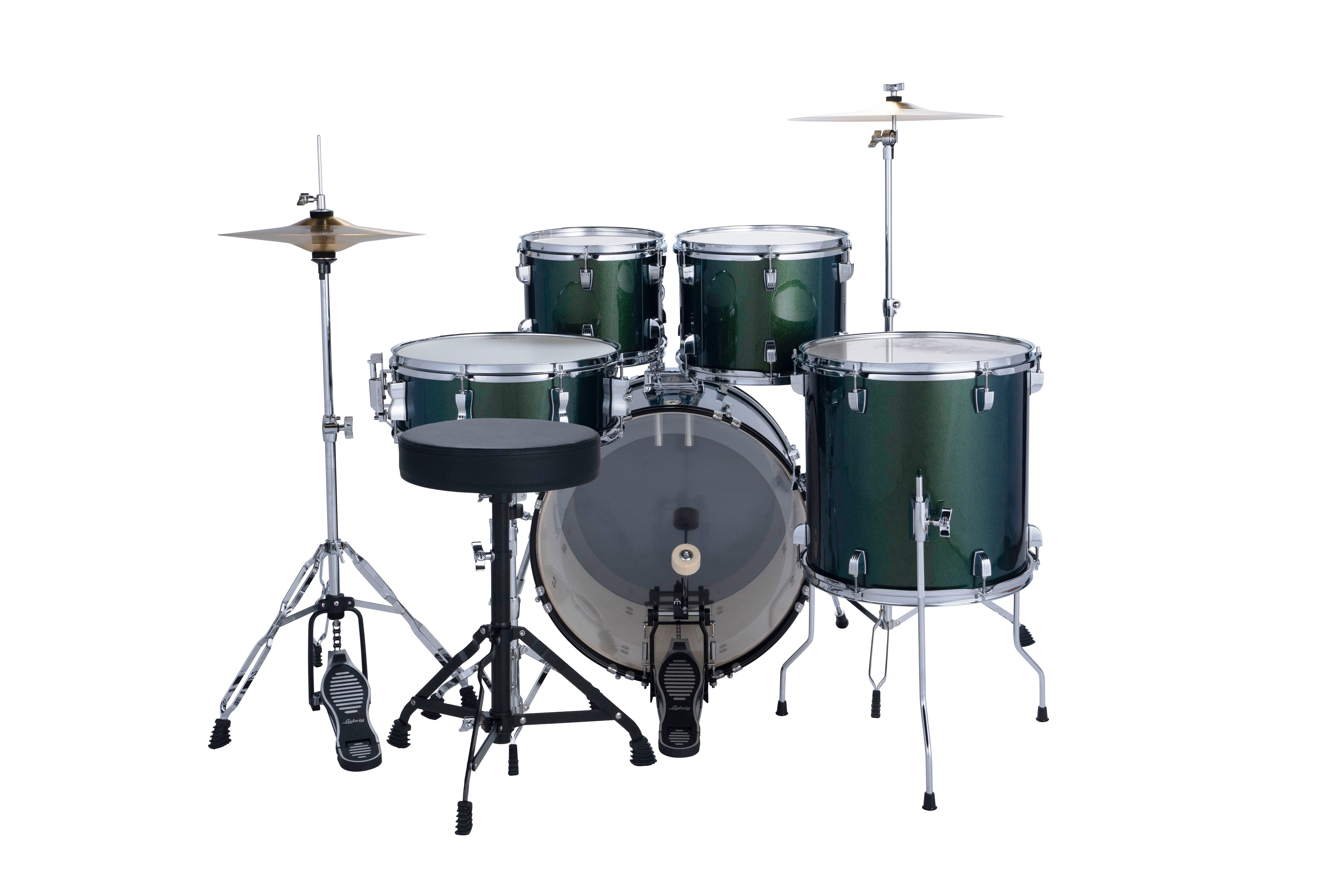 Ludwig Accent Fuse 5PC Drum Set W/Hardware & Wuhan Cymbals, 20" Bass Drum, Jade Dust