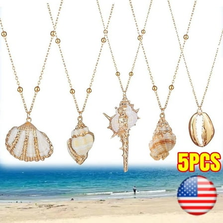 5Pcs Natural Scallop Conch Seashell Necklace Inlaid with Gold Rimmed Sea Shell Necklace Adjustable Seashell Jewelry Gifts for Women