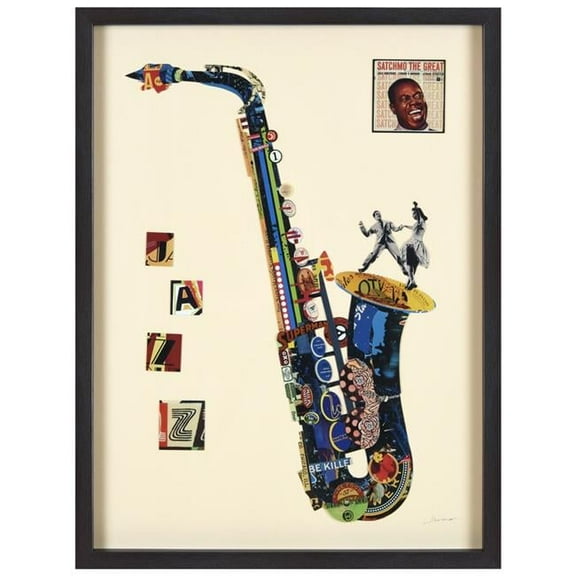 "Saxphone" Dimensional Collage Framed Graphic Art Under Glass Wall Art