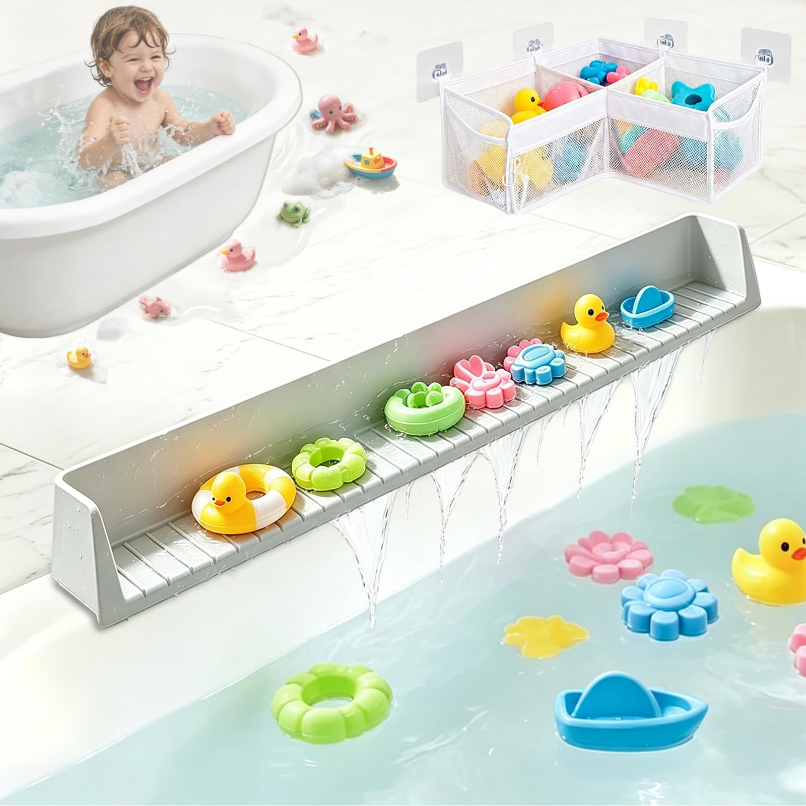 Bathtub Splash Guard for Kids with 3-Compartment Bath Toys Storage Bag VT04