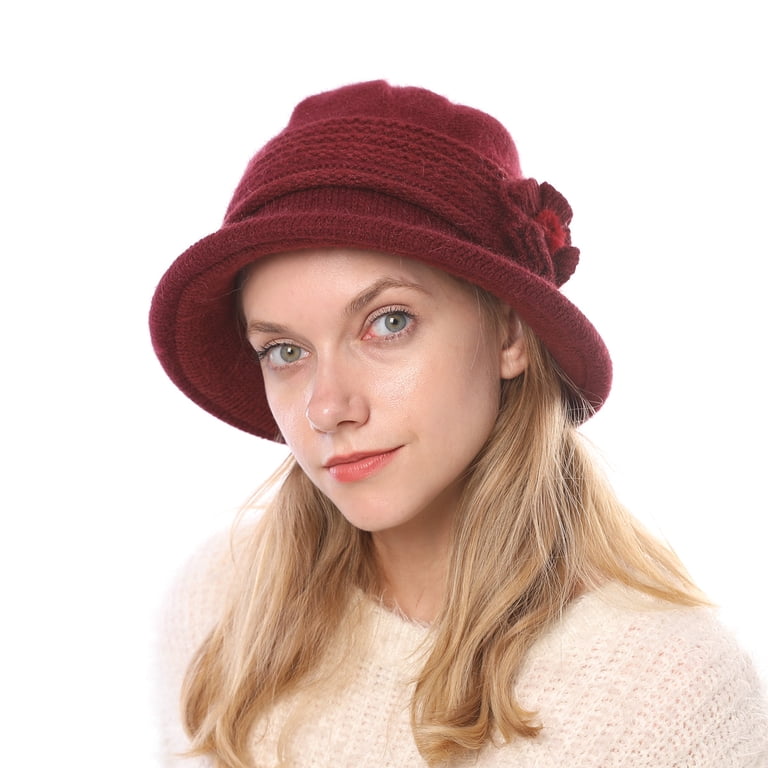 Women Winter Knit 1920s Vintage Bucket Bowler Hat Round Brim  display picture 2