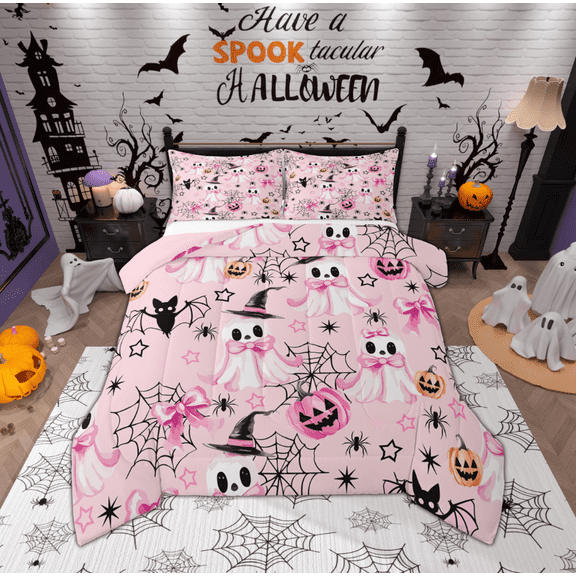 Manfei Cute Bowknot Ghost Bedding Comforter Set for Teen, Kawaii Halloween Pumpkin Twin Comforter Sets, Gothic Spider Web Reversible Bedding Set, Super Cozy Room Decor, 2 Pieces