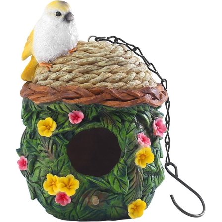 Hanging Bird House, Backyard Guest Resin Tiny House House for Bird, Yard and Garden Decoration Hand-Painted Bird Houses, Bird Playground, Gifts for Bird Lovers (Flower and Bird)