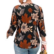 Cuteduck Women Plus Size Printed Tunic 3/4 Sleeve Fall Pleated Round-neck Casual Loose Ruffled Top 1X-5X