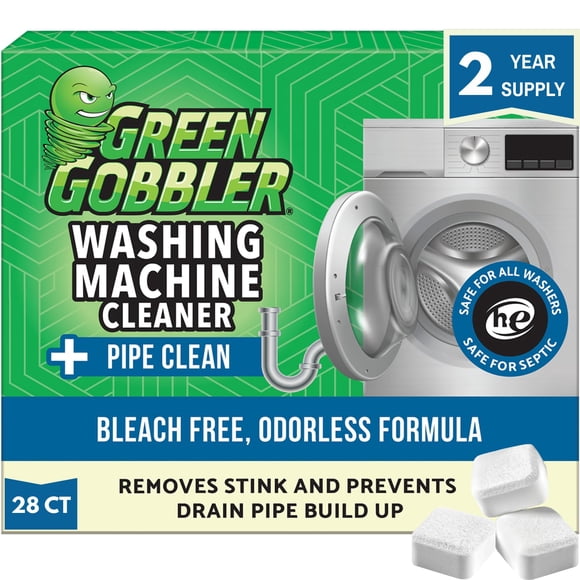 Green Gobbler Premium Washing Machine Cleaner & Deodorizer Tablets with Pipe, Drain & Hose Clean Technology | Front & Top Load Washers | 28