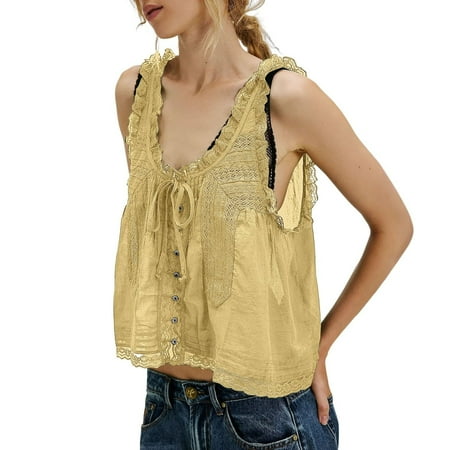 Babydoll Tops For Women  Plus Size Coastal Granddaughter Style Tie-Front Y2K Inspired Sleeveless Blouse Adjustable Lace-Up Boho Camisole Women Machine-Washable Western Beige