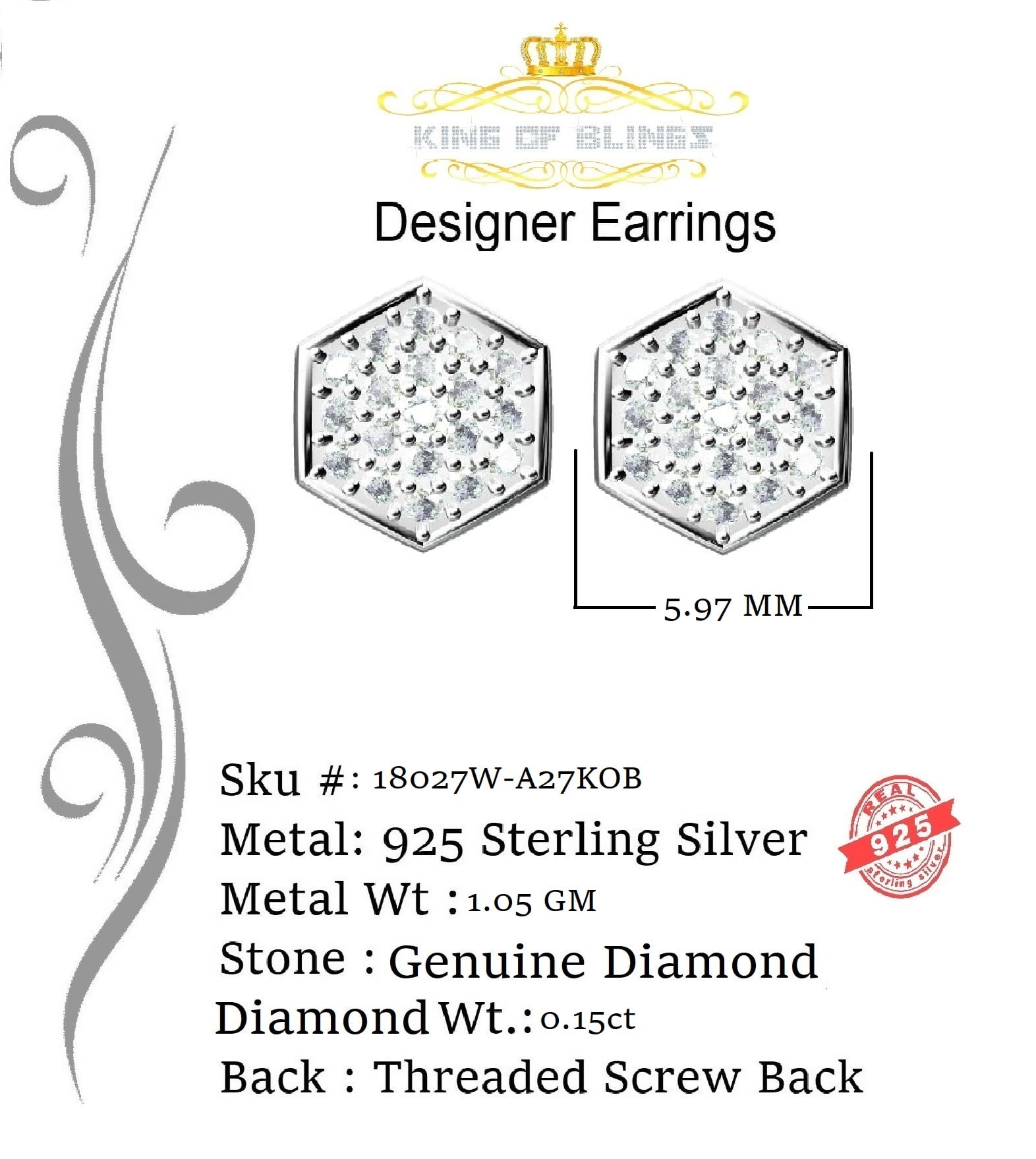 King of Bling's 0.15ct Diamond Stud Hexagon Earrings White 925 Sterling Silver For Men/ Women