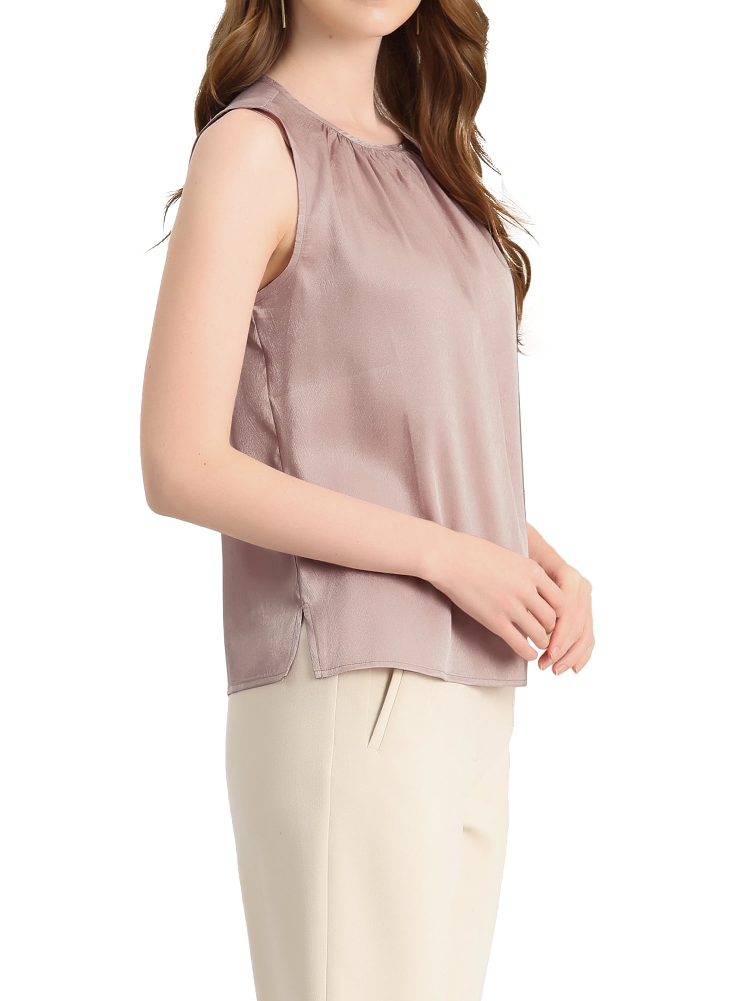Unique Bargains Women's Satin Sleeveless Work Office Pleated Tank Top Blouse