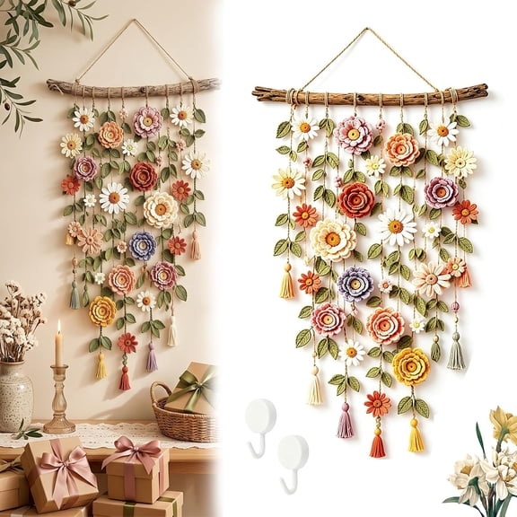 RVOV Boho Crochet Flower Wall Hanging, Handmade Macrame Knitted Floral Vine Decor with Wood Branch, Cascading 3D Crochet Flowers for Living Room Bedroom Farmhouse