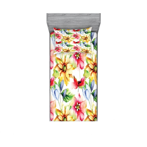 Watercolor Flower Bedding Set with Sheet & Covers, Spring Flora Pattern Print Painting Effect Country Style Artwork, Printed Bedroom Decor 2 Shams, 4 Sizes, Multicolor, by Ambesonne