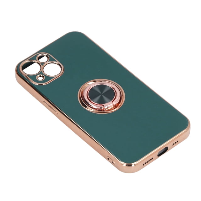 Funda para teléfono móvil para iPhone 13 con soporte de anillo chapado en purpurina de oro rosa, funda protectora ultrafina y flexible de TPU para teléfono, color verde noche oscuro