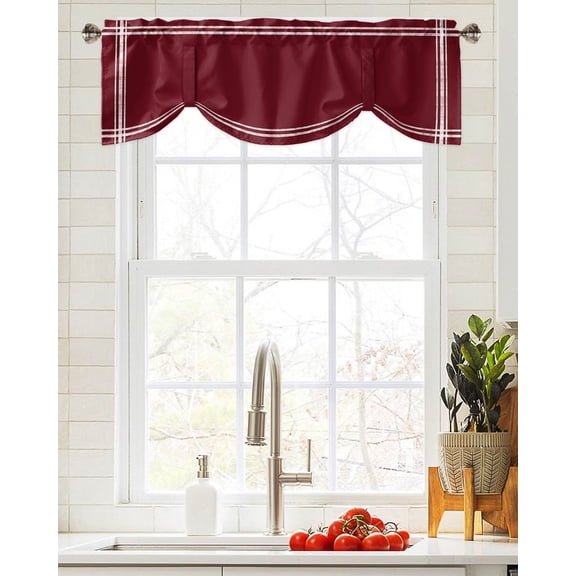 Tie Up Valance Curtain for Kitchen,Wine Red Dark Maroon Rod Pocket Short Curtains Adjustable Tie-Up Shade Valances,Burgundy Red Window Treatment for Bathroom Living Room Bedroom