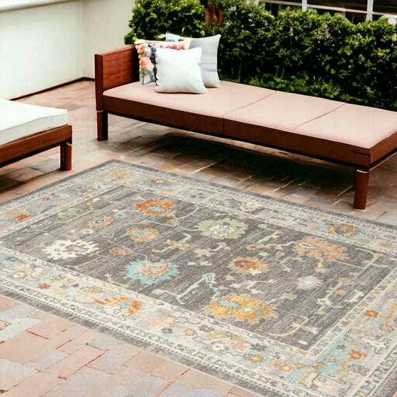 HomeRoots 9' X 12' Gray And Orange Floral Stain Resistant Indoor Outdoor Area Rug