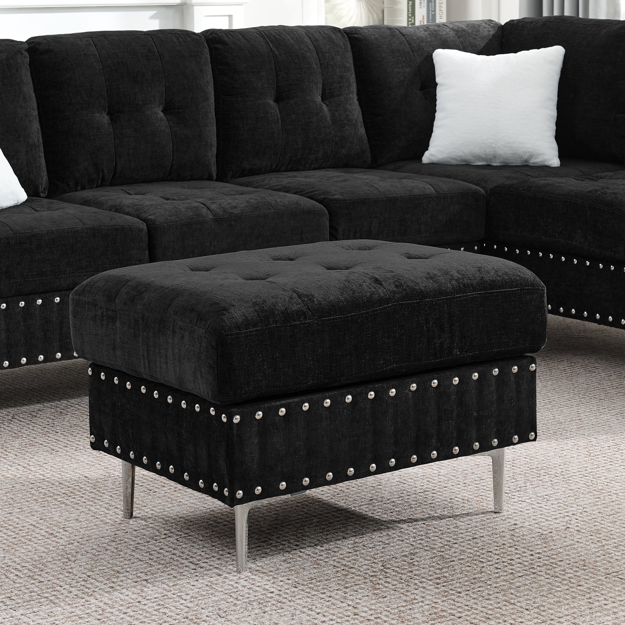 Leumius Modular Sectional Sofa with Chaise and Storage Ottoman,U/L Shaped Sectional Sofa with 2 Pillows,Modern Copper Nails Design Couch with Deep Seat and Thickened Cushion for Living Room,Black