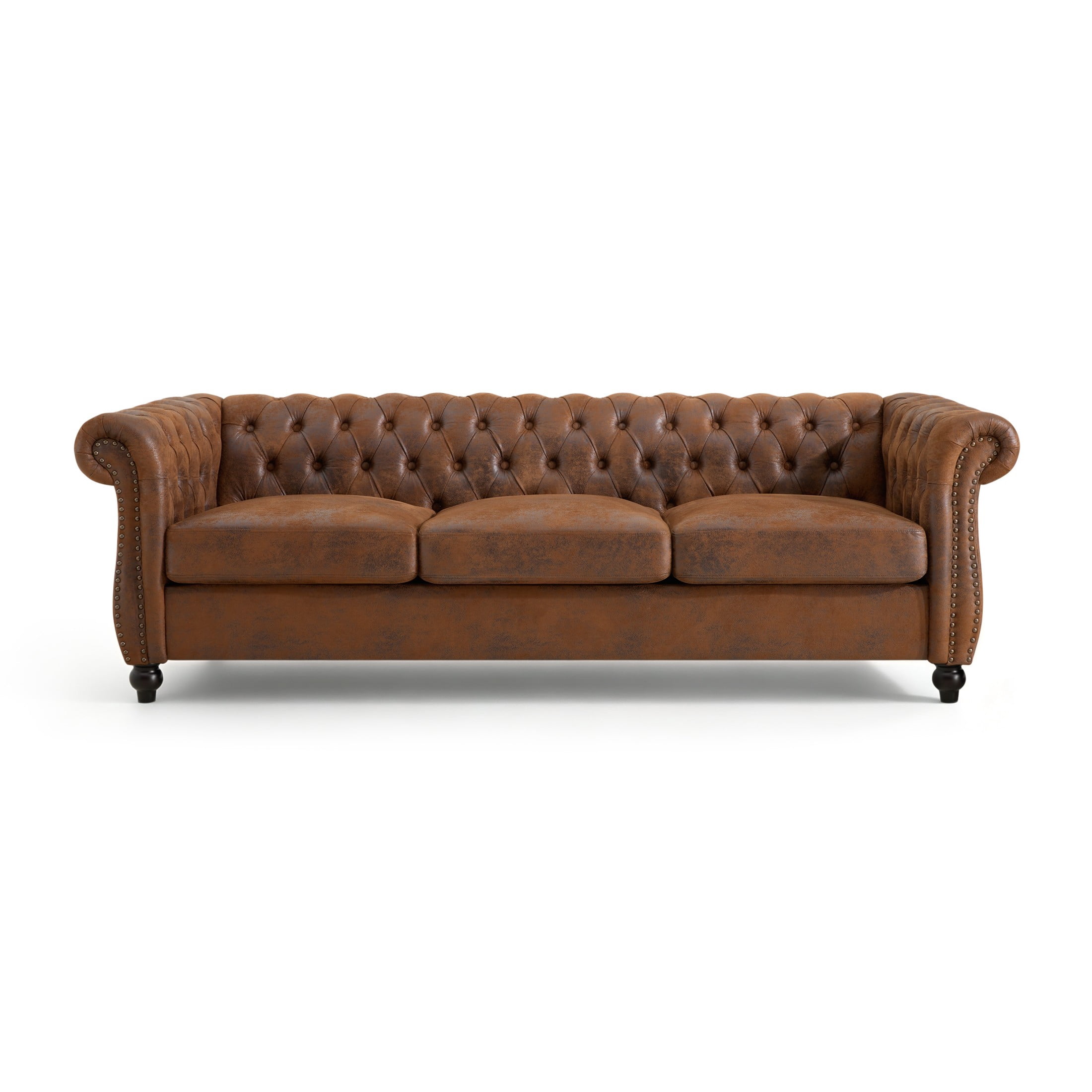 Christopher Knight Home Chesterfield 3-Seater Sofa, Tufted Faux Suede Couch with Rolled Arms, Brown