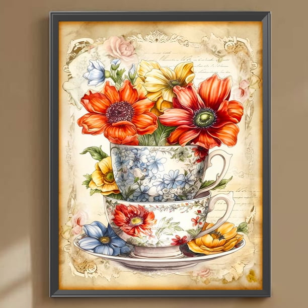 Pintura de diamante 5D DIY Taladro redondo completo Flores y tazas Decoración para el hogar JShteea El nuevo