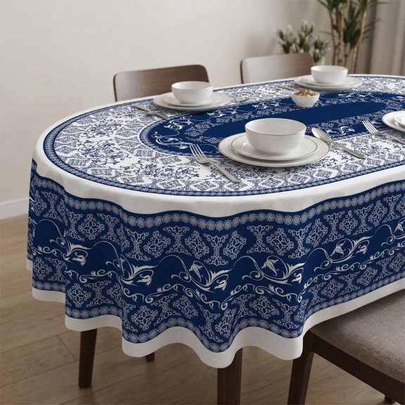 Oval Tablecloth -60x84 Inch, Navy Boho Style vintage Farmouse Tablecloth Classic French Country Printed Table Cover for Catering Gatherings for Farmhouse Decoration Indoor and Outdoor Dining Table
