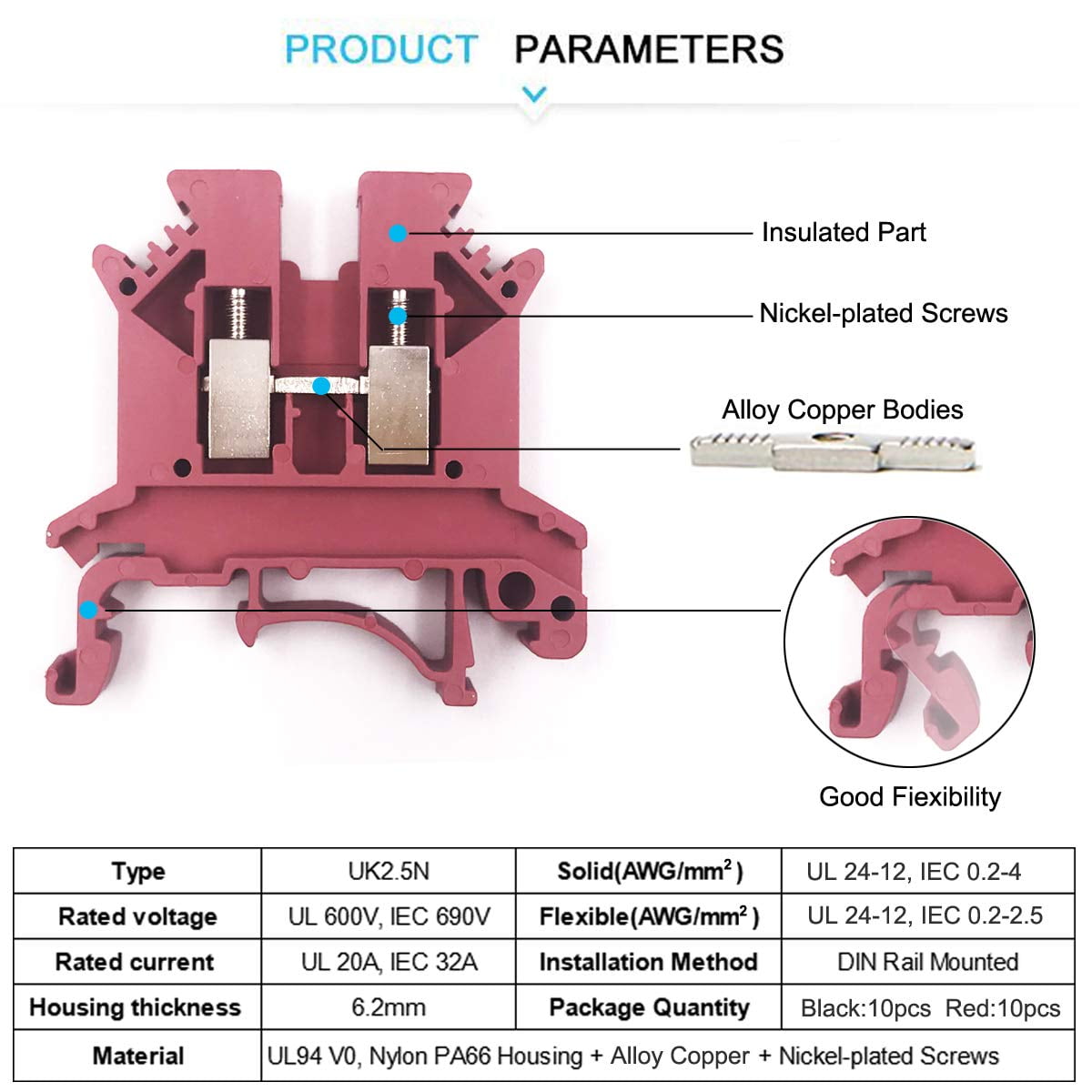 Erayco DIN Rail Terminal Blocks Kit, 20Pcs UK-2.5N 12 AWG Terminal Blocks, 2Pcs Ground Blocks, 2Pcs Fixed Bridge Jumpers, 4Pcs End Brackets, 4Pcs End Covers, 4Pcs Marker Strip, 1Pcs 8" Aluminum Rail