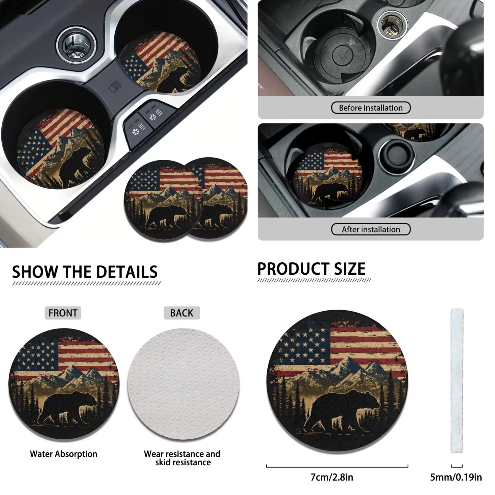 Garronmavis Bear American Flag Car Seat Covers Full Set Universal Vehicle Cushion Protectors with Cars Headrest Protectors+Wristlet Keychain+Auto Cup Coaster+Handbrake Gear+Shift Knob Cover