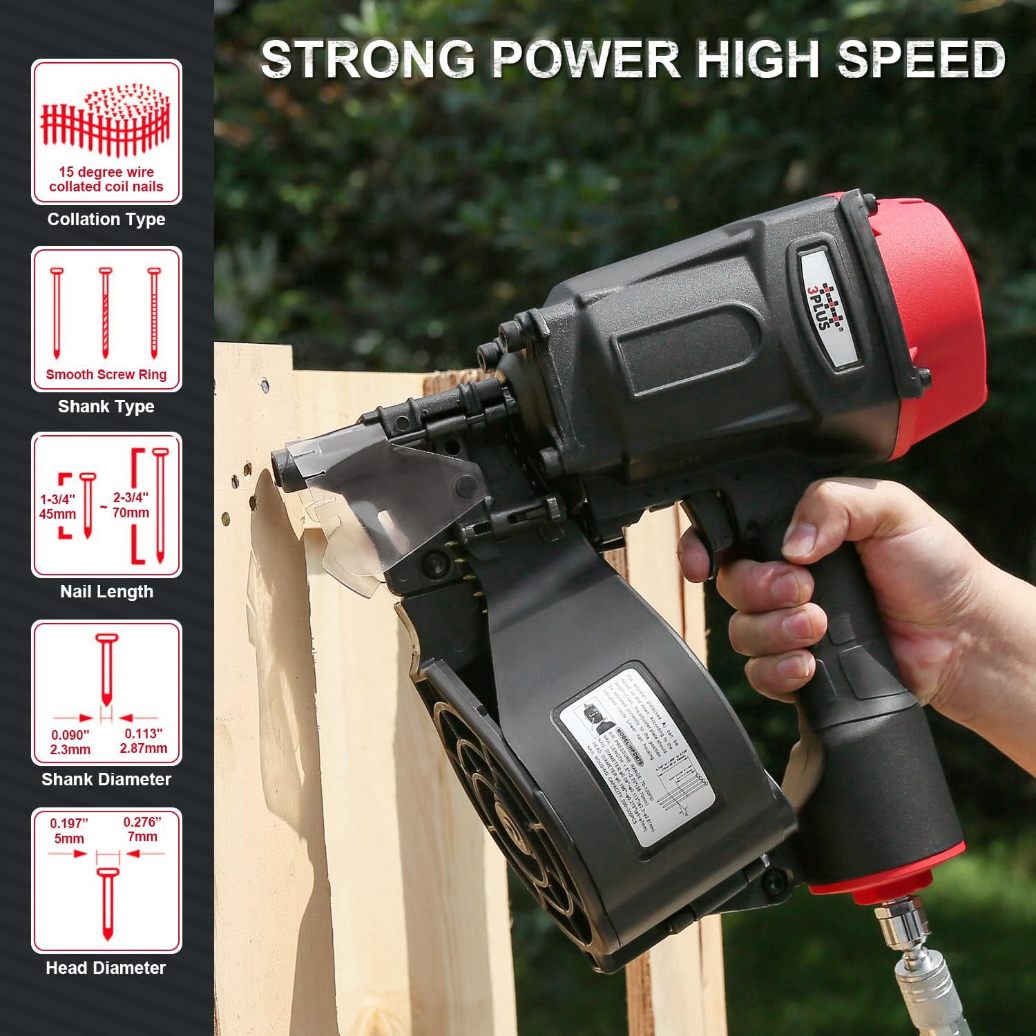 3PLUS HCN70SP Pneumatic Coil Pallet Nailer| Wire Collated Nails, 15 Degree Tilt Angle , 1-3/4'' to 2-3/4'' in Length