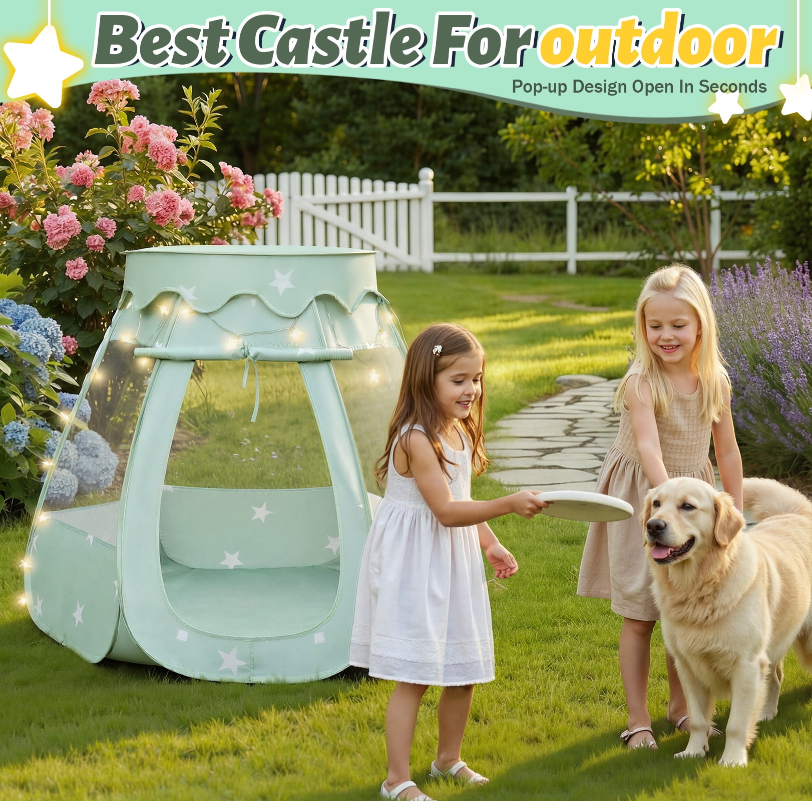 PigPigPen Pop up Princess Ball Pit Tent with Star Lights, Indoor/Outdoor Tent for Toddlers and Kids, Grayish Green, No Balls Included