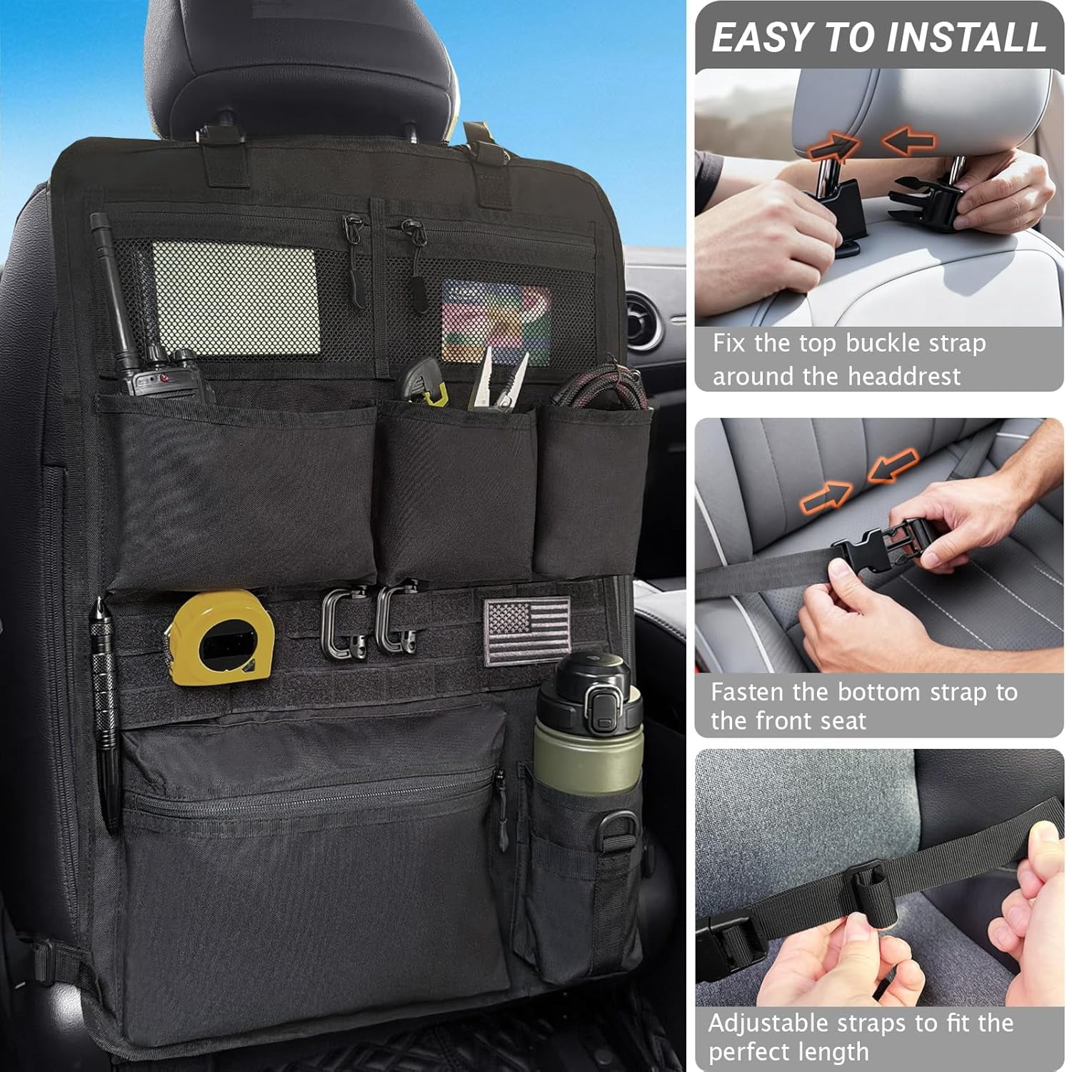 Tactical Car Seat Organizer with Multiple Pockets, MOLLE Panel System & Mesh Compartments, Durable Nylon Universal Vehicle Seat Back Storage with Cup Holder, Water-Resistant (Mud)