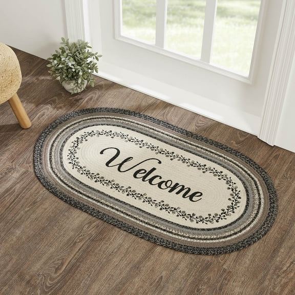 VHC Brands Floral Vine Jute Rug Oval Welcome w/Pad 27x48