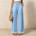 thumbnail image 2 of Women's Lightweight Lace Hem Beach Pants Ruffle Elastic Waist Wide Leg Palazzo Pants Textured Summer Pockets Casual Pants Fashion Bottoms Blue, 2 of 7