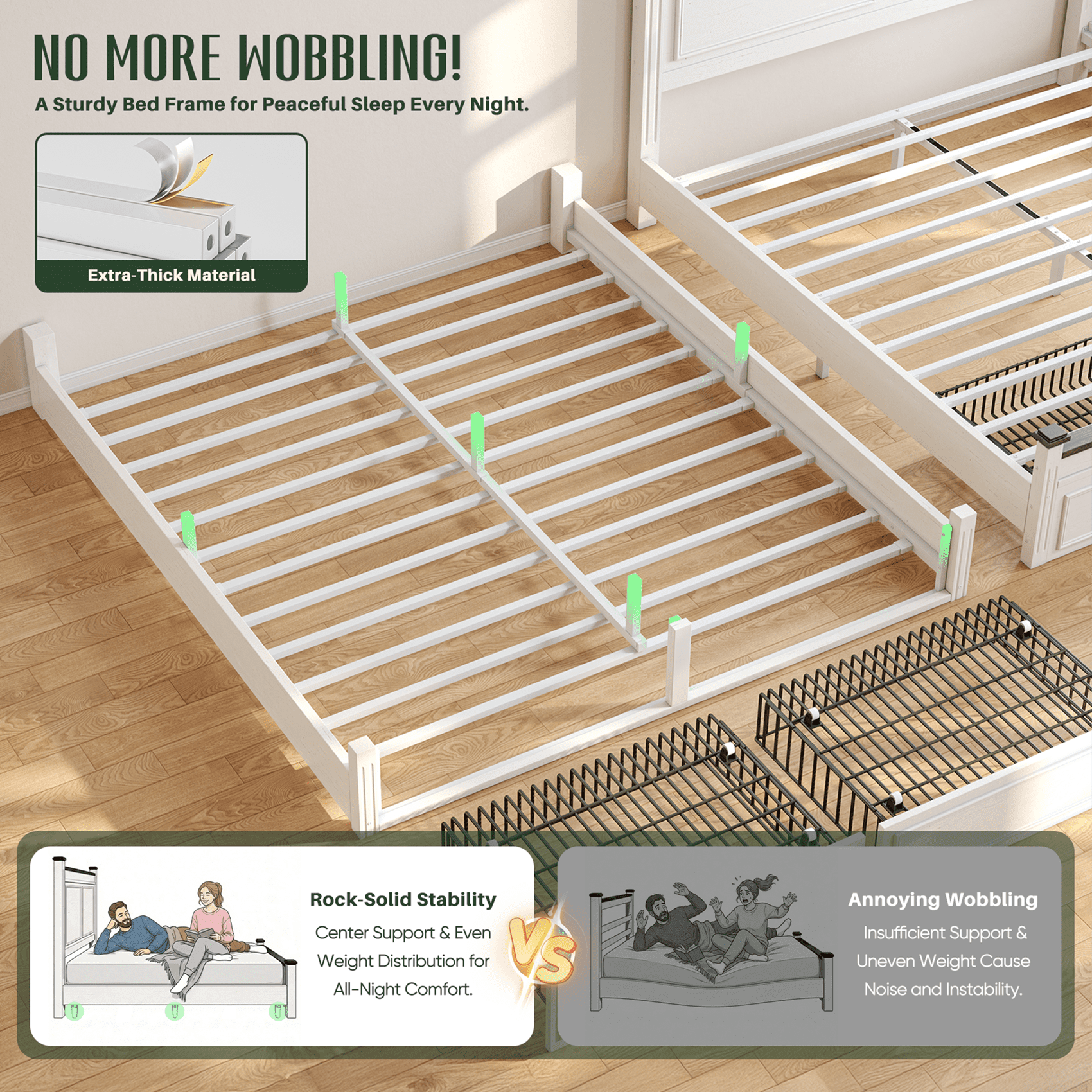 King Size Bed Frame with 2 Storage Drawers Farmhouse  Wood Bed Frame with Storage &  Tall Headboard,White