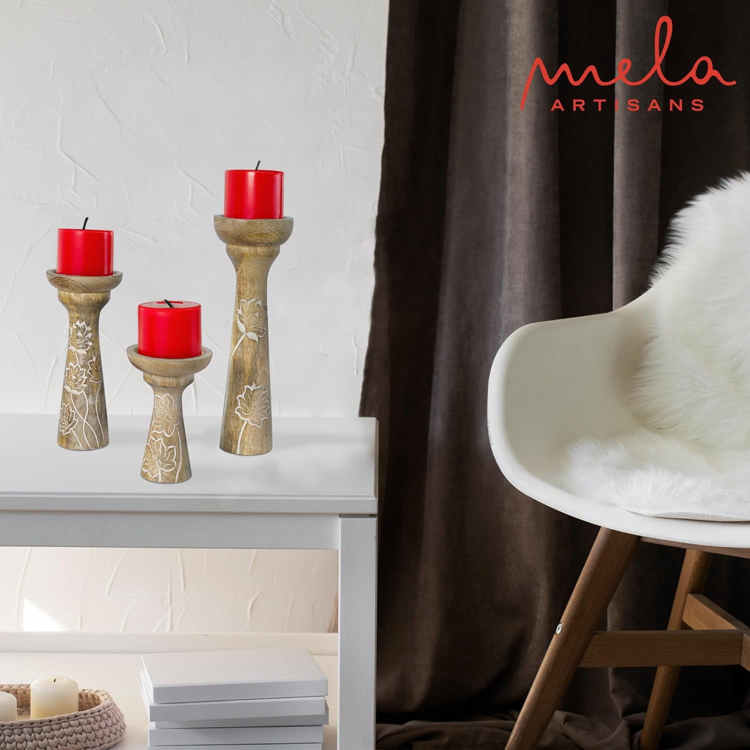 Mela Artisans Lotus Vine Candle Holders for Pillar Candles Set of 3, Mango Wood Candle Holder Set, Whitewash, 6" x 9" x 12"
