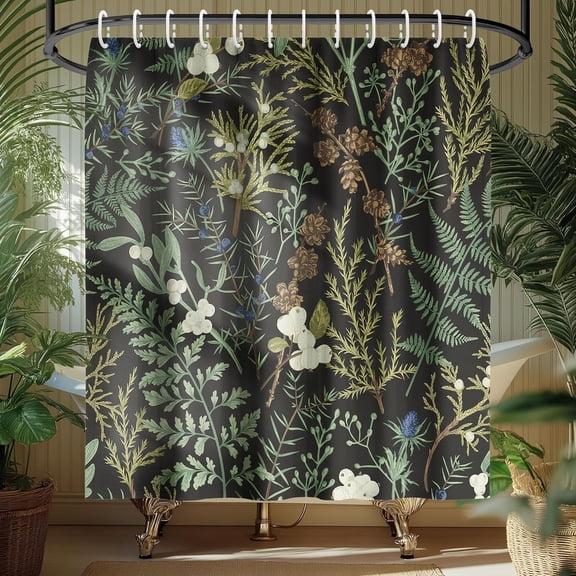 Leaves Plant Shower Curtain 60x72 Inches Black Botanical Shower Curtain, Spring Nature Waterproof Polyester Fabric Bathroom Bathtub Decor, Includes 12 Hooks