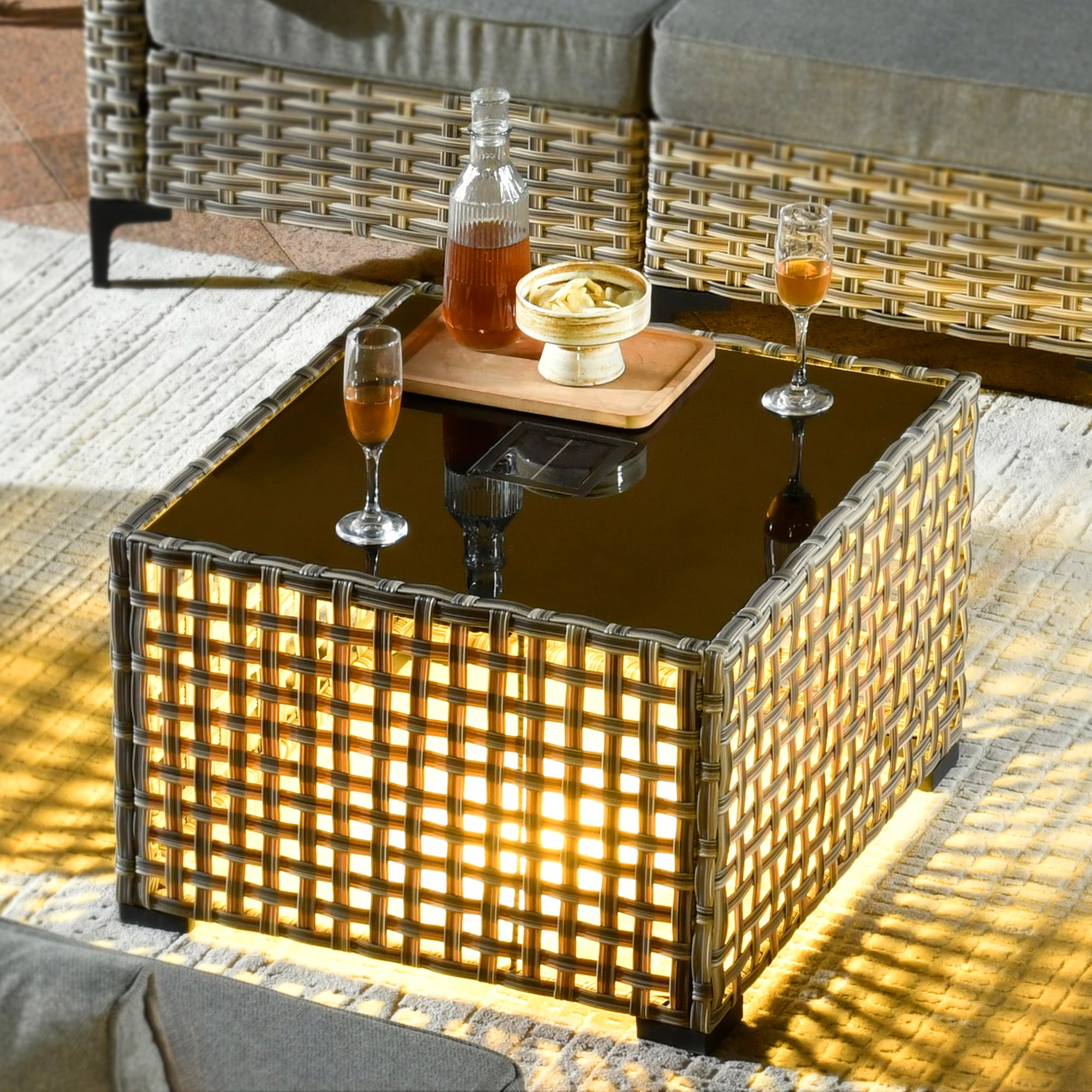 Vcatnet 7 Pieces Patio Outdoor Conversation Set All Weather Wicker Furniture Sectional Sofa Set with Solar Lamp Coffee Table,Beige