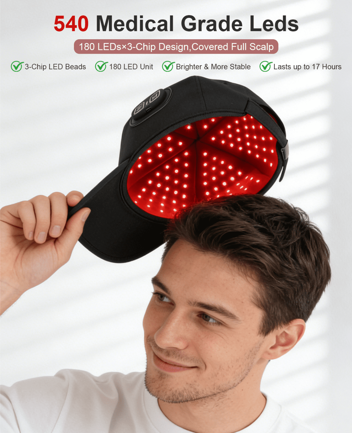 Head Massager LED Cap with 540 Medical Grade LEDs - 6 Modes & Adjustable Fit 22-27 - Rechargeable Red Light Cap for Scalp Health - Wireless Travel-Friendly